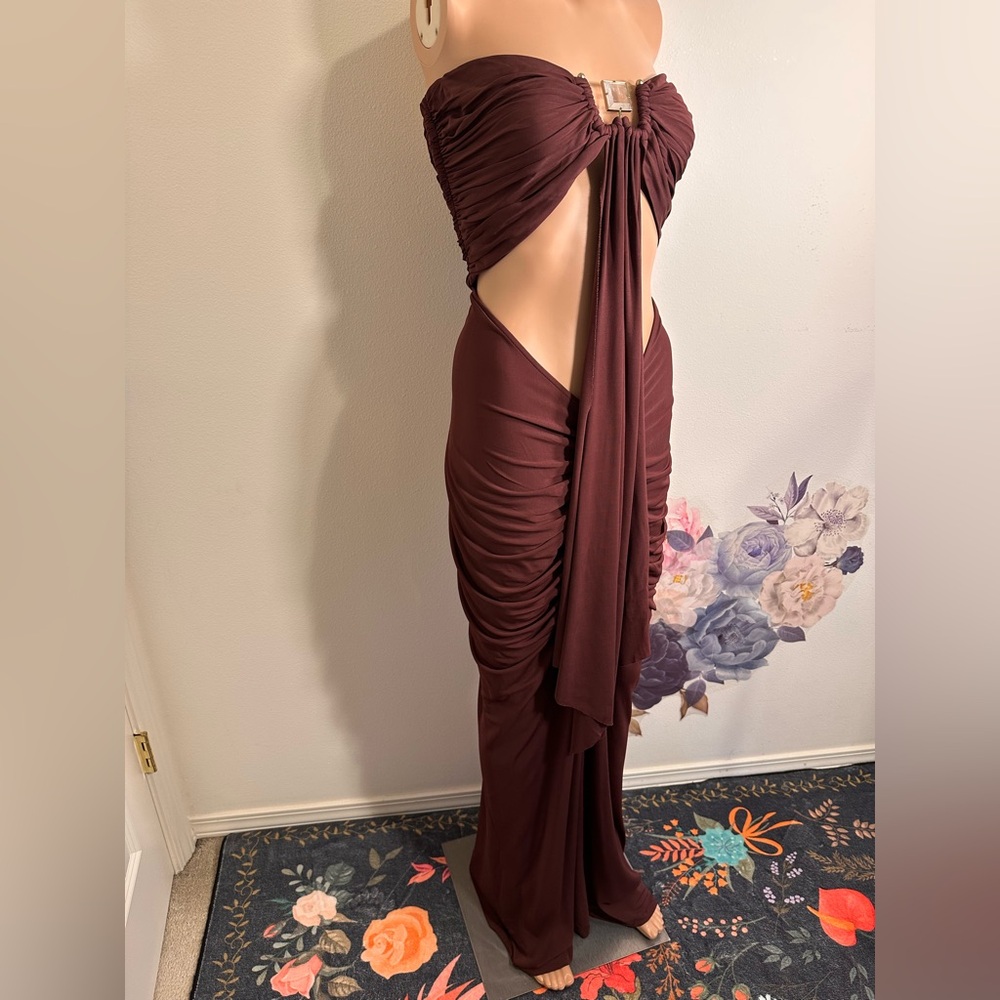 New Christopher Esber Bezel Quartz Disconnect Dress in Mahogany maxi cutout - Picture 2 of 11